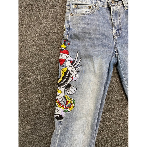 Ed Hardy Flare Blue Jeans Womens 26x32 Tattoo Graphic Embroidered Skull Grunge - Picture 6 of 12